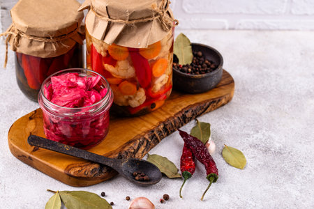 Healthy homemade fermented food in jarsの写真素材