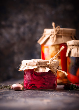Healthy homemade fermented food in jarsの写真素材