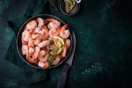Frozen uncooked prawns or shrimps with lemonの写真素材