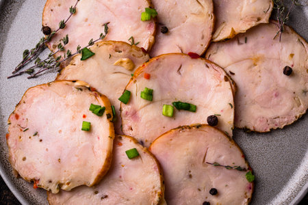 Sliced sausage with herbsの写真素材