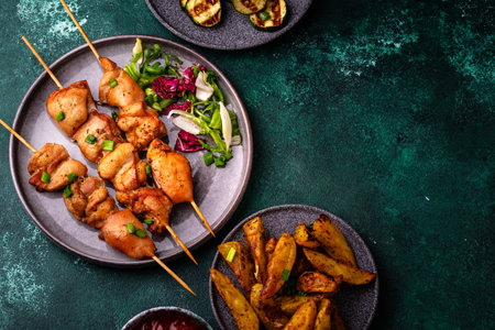 Chicken skewers kebab with vegetablesの写真素材