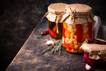 Healthy homemade fermented food in jarsの写真素材
