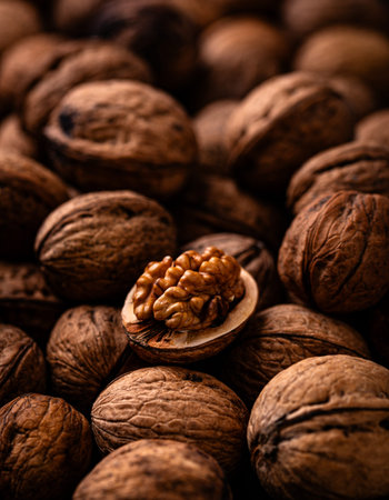 Walnuts with cracked shell texture