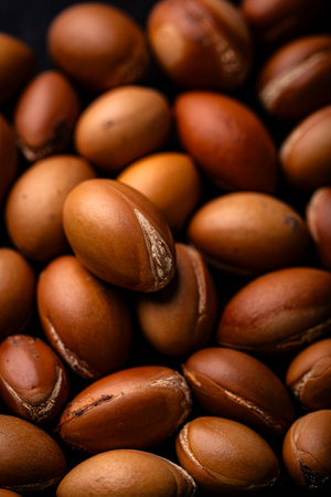 Pile of brown argan nuts textureの写真素材