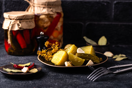 Bowl of pickled marinated cucumbersの写真素材