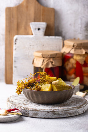 Bowl of pickled marinated cucumbersの写真素材