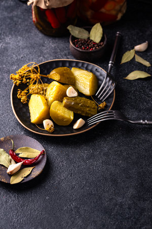 Bowl of pickled marinated cucumbersの写真素材