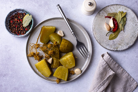 Bowl of pickled marinated cucumbersの写真素材