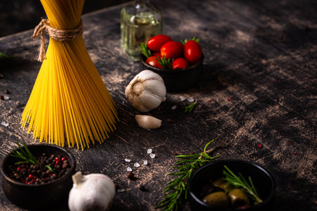 Italian food background with spaghetti, tomato and spicesの写真素材