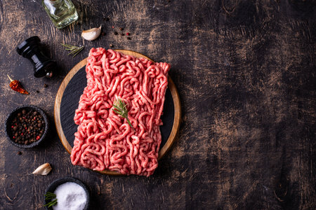 Raw minced meat on dark backgroundの写真素材