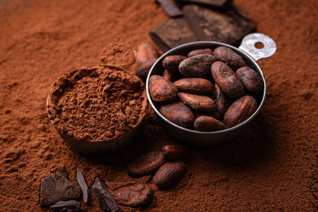 Cocoa powder, beans and natural chocolateの写真素材