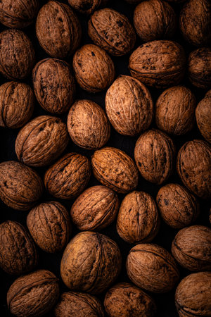 Walnuts background with black and brown colorsの写真素材