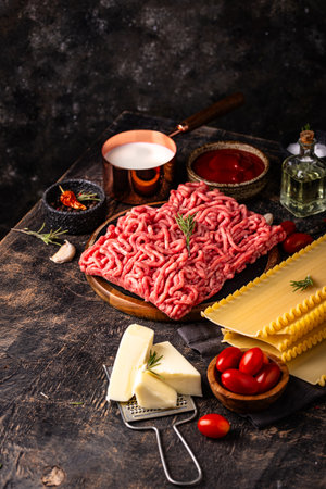 Ingredients for cooking lasagna bolognese with bechamelの写真素材