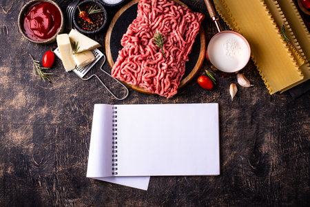Ingredients for cooking lasagna bolognese with bechamelの写真素材