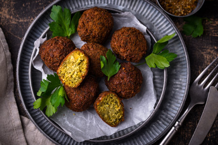 Middle Eastern falafel balls with sauceの写真素材