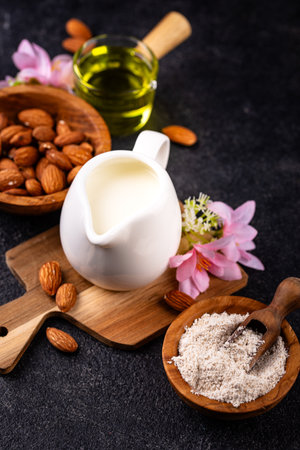Almond alternative milk, oil and flourの写真素材