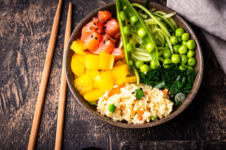 Healthy bowl with salmon and vegetablesの写真素材