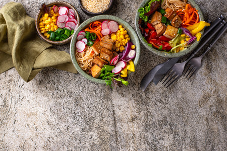 Vegan healthy poke bowl with tofuの写真素材