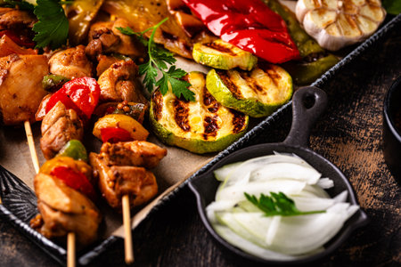 Assortment of grilled bbq meat and vegetablesの写真素材