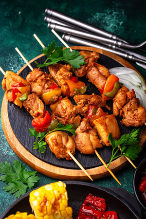 Assortment of grilled bbq meat and vegetablesの写真素材