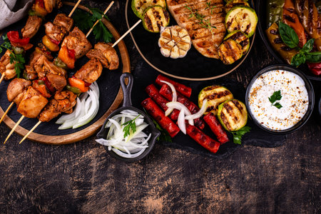 Assortment of grilled bbq meat and vegetablesの写真素材
