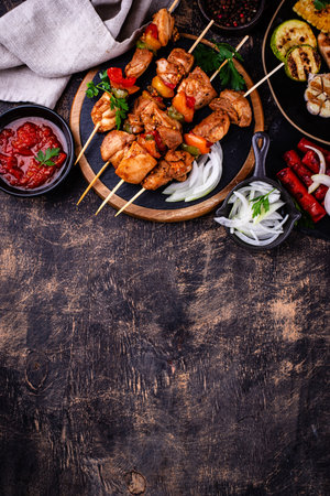 Assortment of grilled bbq meat and vegetablesの写真素材