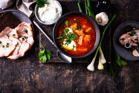 Traditional Ukrainian borsch with sour cream