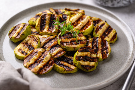 Grilled zucchini with garlic sauceの写真素材