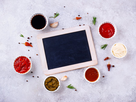 Set of different sauces. Ketchup, mustard, pestoの写真素材