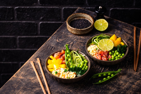 Healthy bowl with salmon and vegetables