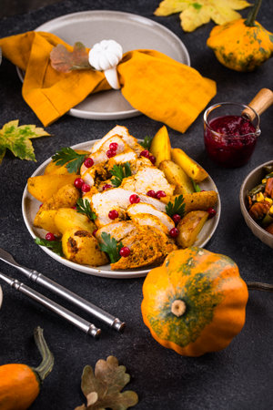 Traditional Thanksgiving day dinner with turkeyの写真素材