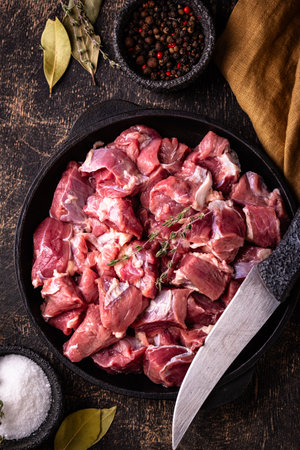 Raw chopped meat with spicesの写真素材