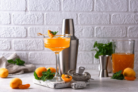 Fresh apricot Bellini cocktail with mintの写真素材