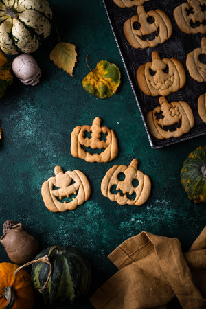 Halloween cookies in shape of jack-o-lanternの写真素材