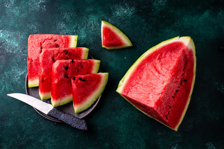 Sliced watermelon on green background