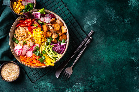 Vegan healthy poke bowl with tofuの写真素材