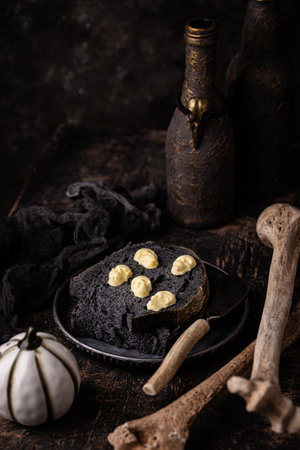 Halloween toast with butter in shape of skullの写真素材