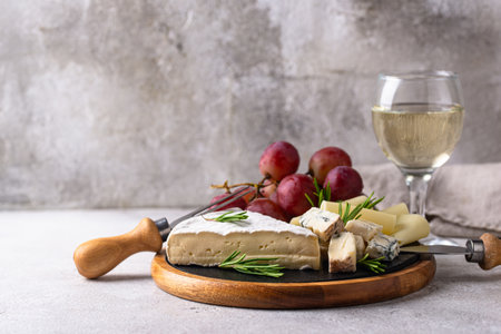 Different types of cheese, wine and grapesの写真素材