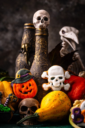 Halloween cookies in shape of ghost, jack-o-lantern and skullの写真素材