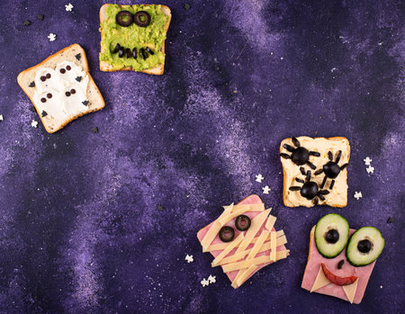Halloween food for children, monsters toastsの写真素材
