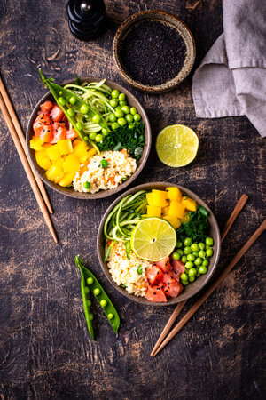 Healthy bowl with salmon and vegetables