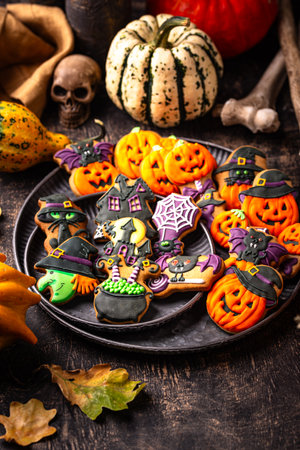 Halloween cookies in shape of pumpkinの写真素材