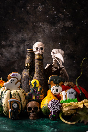 Halloween cookies in shape of ghost, jack-o-lantern and skullの写真素材
