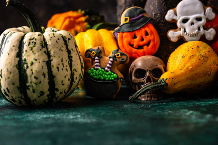Halloween cookies in shape of ghost, jack-o-lantern and skullの写真素材