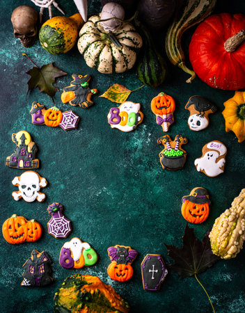 Halloween cookies in shape of ghost, jack-o-lantern and skullの写真素材