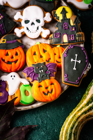 Halloween cookies in shape of ghost, jack-o-lantern and skullの写真素材
