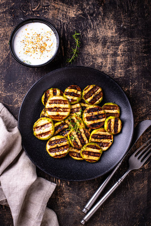 Grilled zucchini with sauce, vegan dishの写真素材