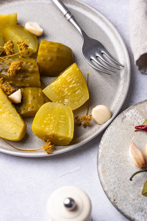 Bowl of pickled marinated cucumbersの写真素材