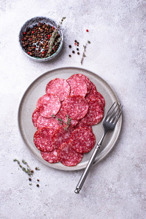 Sliced spicy tasty salami sausageの写真素材