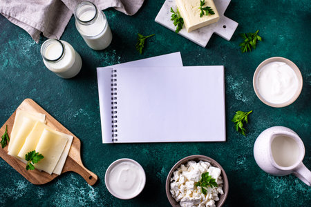 Dairy products. Milk, cottage cheese, cream, butter and yogurtの写真素材